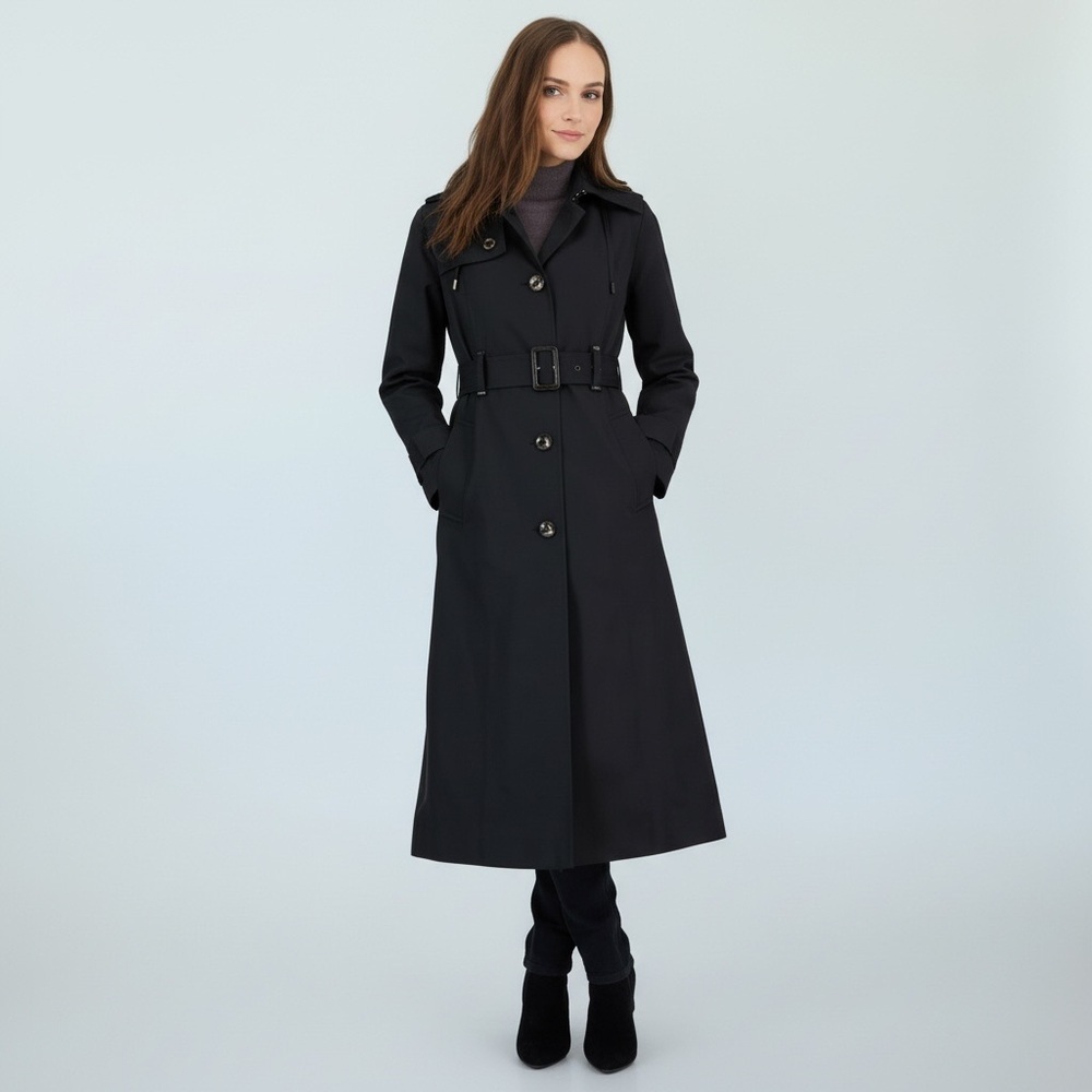 NWT London Fog Black Hooded Belted Maxi Trench Coat Size Large